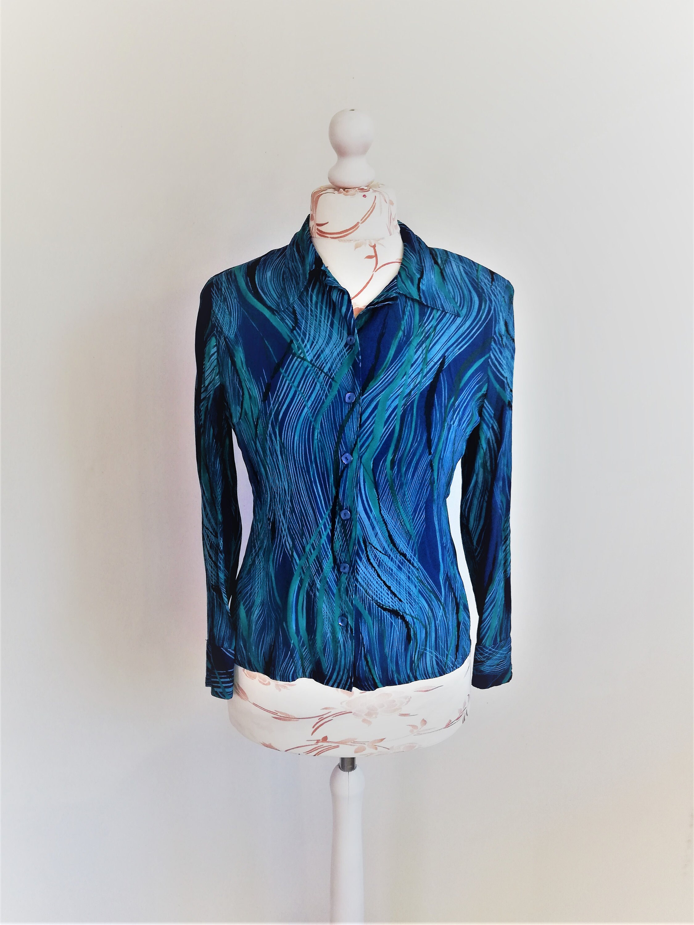 Vintage 90s Blue Abstract Print Blouse Shirt Women Fitted