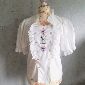 Vintage White Ruffle Blouse Puff Sleeve Floral Embroidery Shirt Women Dirndl Blouse Button Up Dirndl Top Size Medium Vintage clothing Women