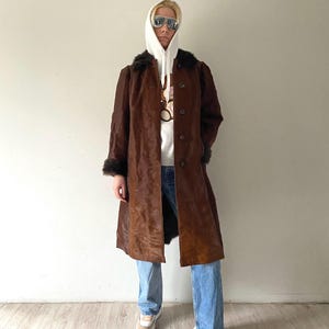 Vintage Cowhide Fur Coat: 60s Brown Leather Western Style, Size Medium