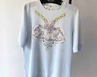 Vintage Silk Top: Light Blue Baroque Boho Chic, Made in Portugal