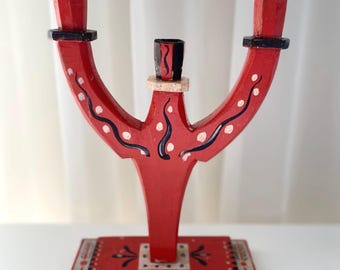 Vintage Swedish Folk Art Wooden Candelabra Dalarna Style HandPainted Candle Holder