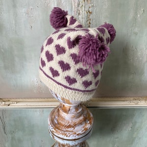 Vintage Wolle Strickmütze: Herz Muster Pom Pom Mütze