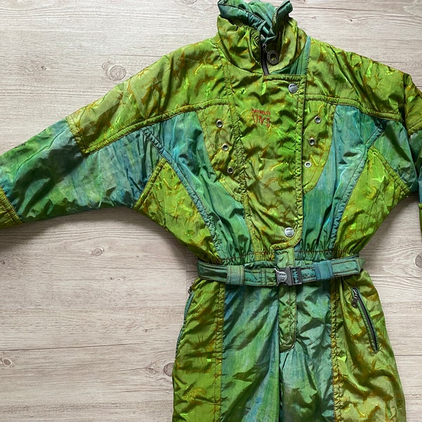 Combinaison de ski complète une pièce pour femme Combinaison de ski gonflée des années 80, combinaison verte à blocs de couleurs oversize, taille XS - S vintage vêtements femme