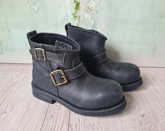 Vintage Black Leather Engineer Ankle Boots Chunky Heavy Genuine Leather BIiker Buckle Ankle Boots Heavy Boots Size US 3 / UK 2.5 / EU 35