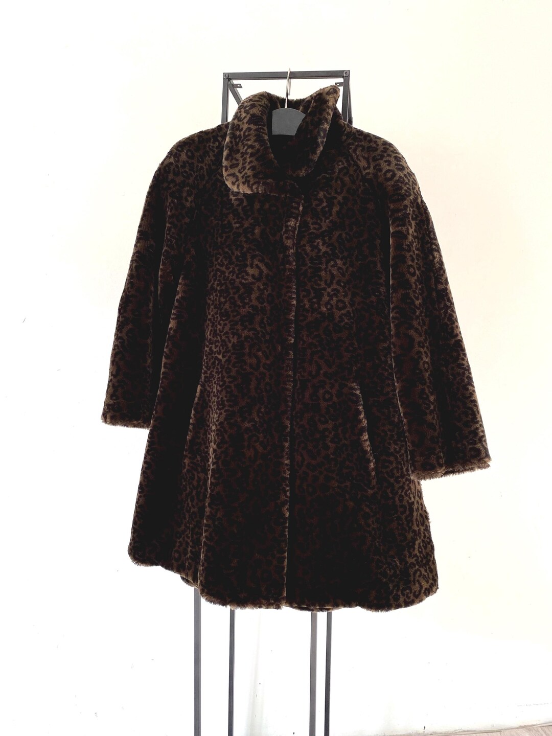 Vintage 90s Cream Brown Animal Print Long Faux Fur Coat 12 14 M