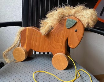 Vintage Folk Art Wooden Horse with Wheels Novelty Wooden Figure Vintage Farmhouse Decor