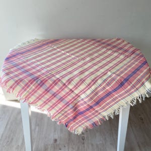 Vintage Blue pink white check tablecloth Cotton Tablecloth 70s Check Tablecloth Cottage Farmhouse Unical Decor