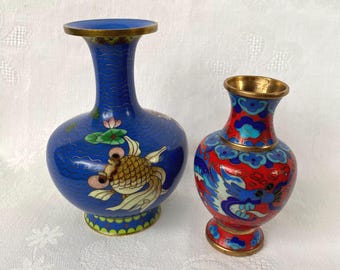 Vintage Cloisonné Vases, Dragon and Koi Fish Motif, Asian Decor