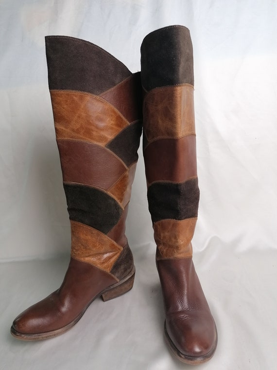 Vintage Brown Patchwork Knee High Boots Rider Boo… - image 8