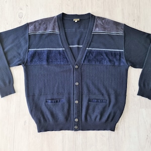 Vintage Grunge Cardigan Sweater Men Navy Blue  Spring Suede Embroidered Wool Knit Cardigan Button Up Oversize Size XL Mens Vintage Clothing