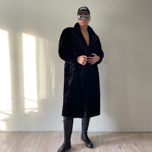 Vintage Black Faux Fur Long Coat Oversize Overcoat Size S/M Mob Wife style Old Money Faux Mink Winter Outerwear Full Length Coat