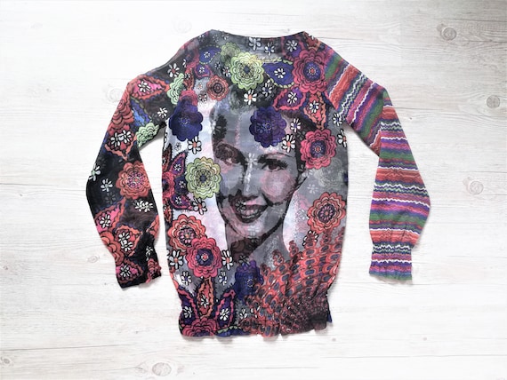 Vintage Desigual Top Women Long Sleeve Sheer Top Blouse Colorful