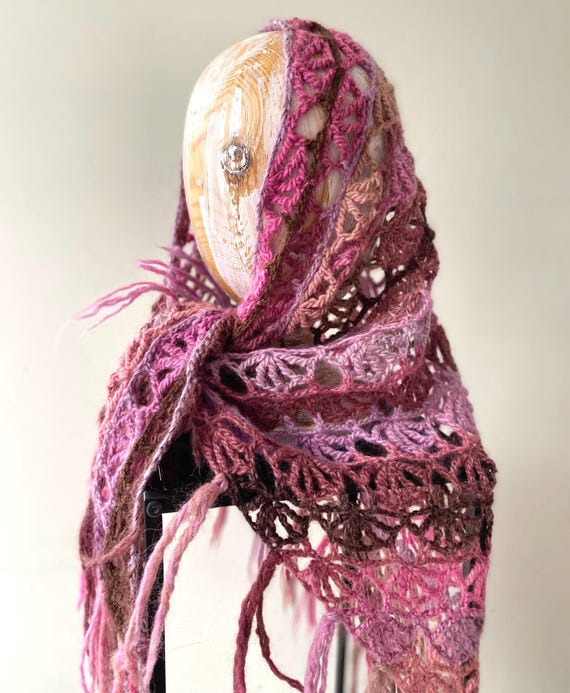 Vintage Hand-Crocheted Triangular Wool Shawl, Boh… - image 1