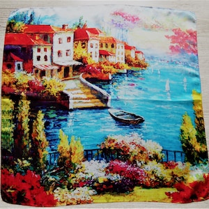 Vintage Silk Scarf: Colorful Coastal Art Neckerchief (20&#39;&#39;x20&#39;&#39;)