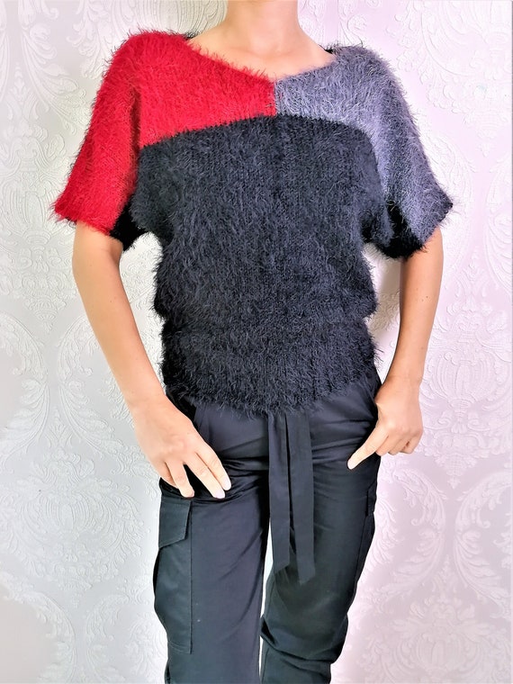 Vintage Colorblock Fluffy Knit Top Short Sleeve K… - image 1