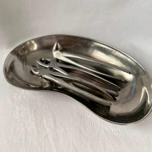 Puede incluir: Una bandeja de acero inoxidable en forma de riñón contiene varios fórceps de extracción dental. Los fórceps son de varios tamaños y estilos, con mangos texturizados y picos curvos. La bandeja y los instrumentos están sobre una superficie blanca.