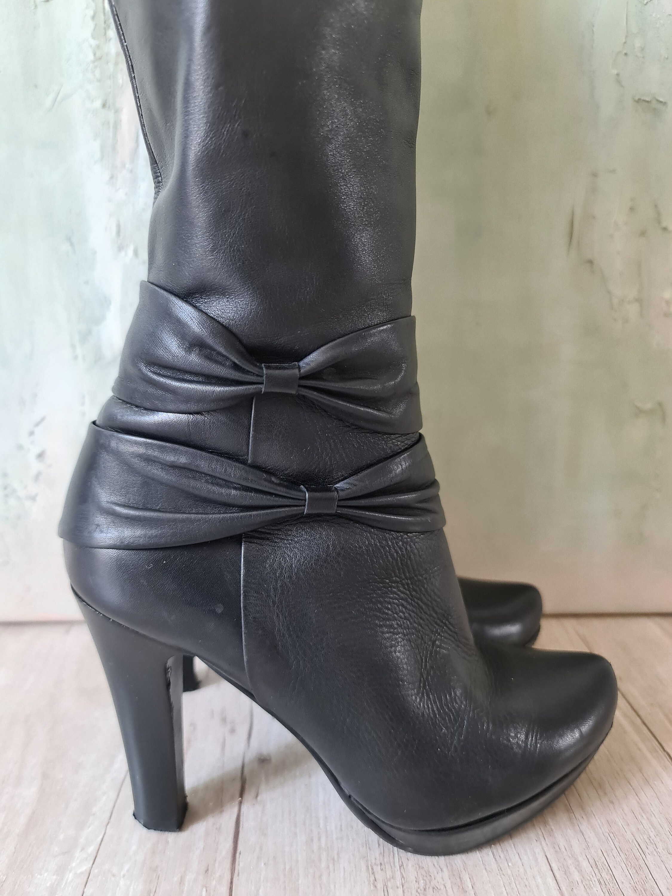Vintage Black Leather Knee High Boots: 90s Platform Heels (EU 36 