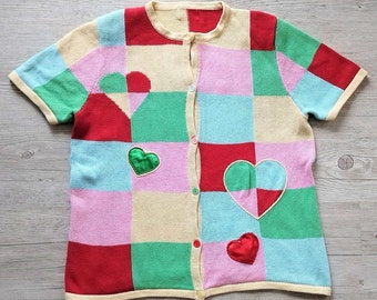 Vintage Checkered Knit Cardigan: Women's Heart Embroidered Cotton Blouse