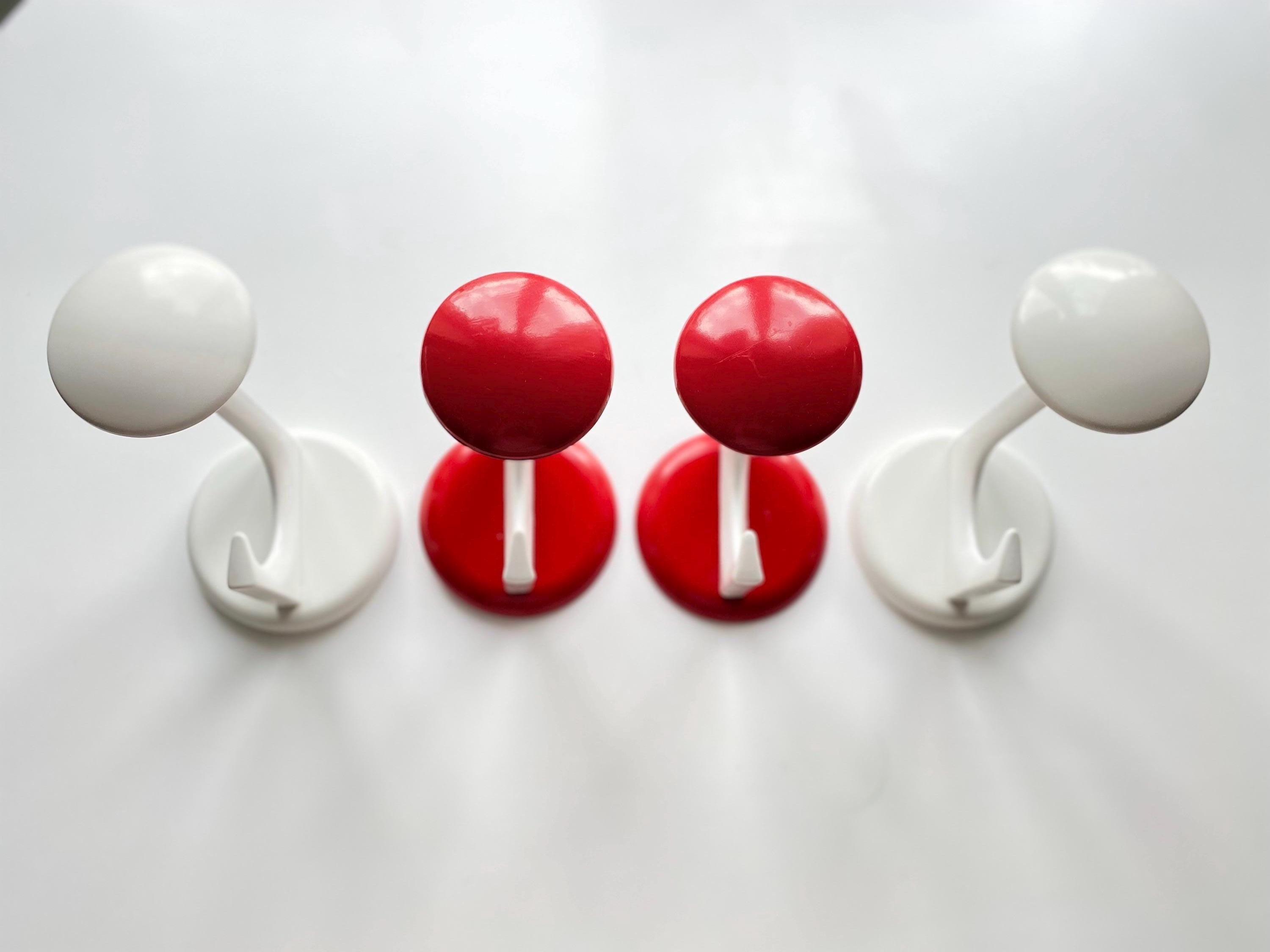 Vintage 70s Wall Hooks Red & White Pop Art Wall Coat Hooks from Schonbuch Made in Germany White Red Plastic Coat Rack Set of 4