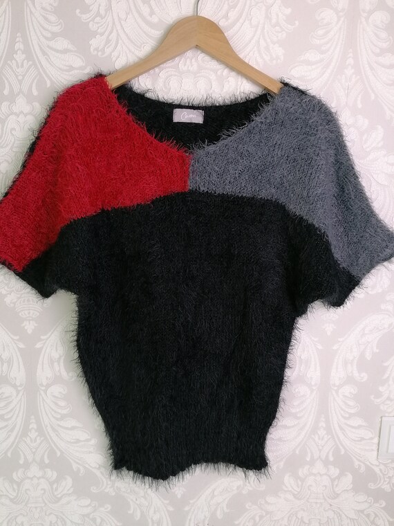Vintage Colorblock Fluffy Knit Top Short Sleeve K… - image 8