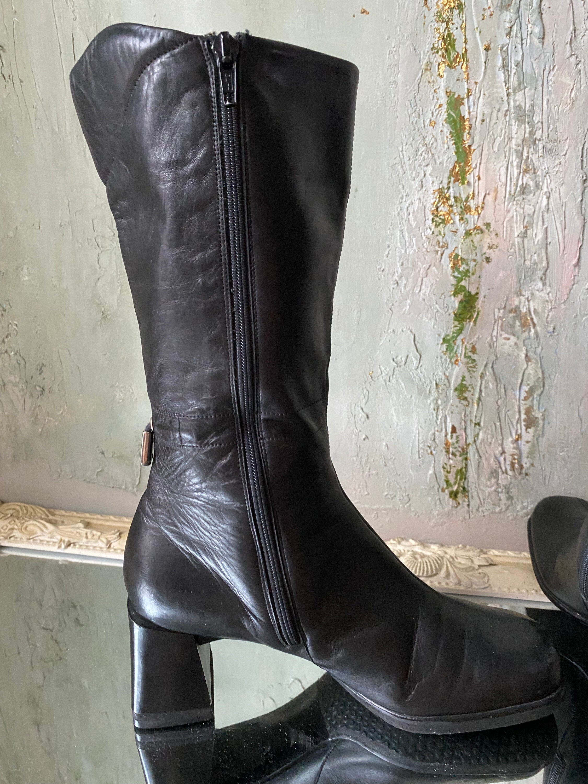 Black Leather Ankle Boots Womens Square Heel Boots Square Black Leather Ankle Boots Womens Square Heel Boots Square