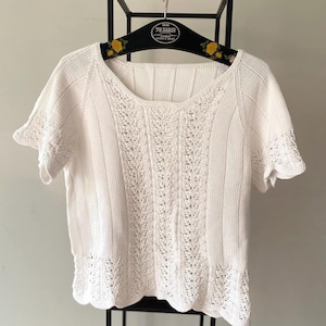 Vintage White Cotton Lace Knit Top Women Boho Chic Short Sleeve White Knit Top Size Medium Festival Vintage Clothes Vintage  Clothing Women