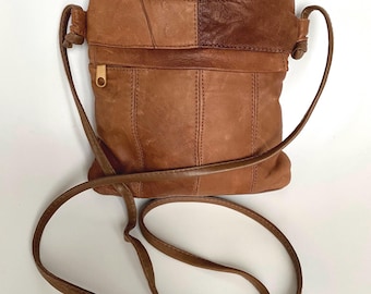Vintage 70s Tan Patchwork Leather Messenger Bag: Boho Chic Satchel