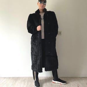 Vintage Black long Coat Faux Fur Oversize Overcoat Size Medium Mob Wife style Old Money Faux Mink Winter Outerwear Full Length Coat