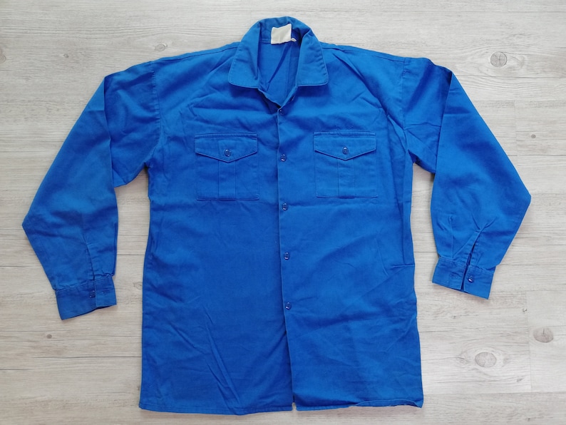 Vintage French Blue Work Shirt Men Size Small Cotton Lightweigt French Workwear Shirt Jacket Retro Outerwear Vintage Clothing Men