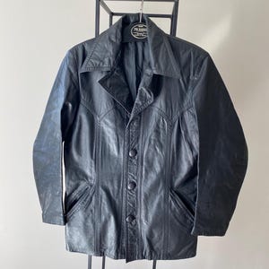 Chaqueta de cuero negra vintage de los años 70 para hombre, ligera, de cuero genuino, estilo disco blazer, talla mediana.