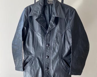 Vintage 70s Black Leather Jacket Men Light Weight Genuine Leather Buttoned Disco Blazer Men Size Medium