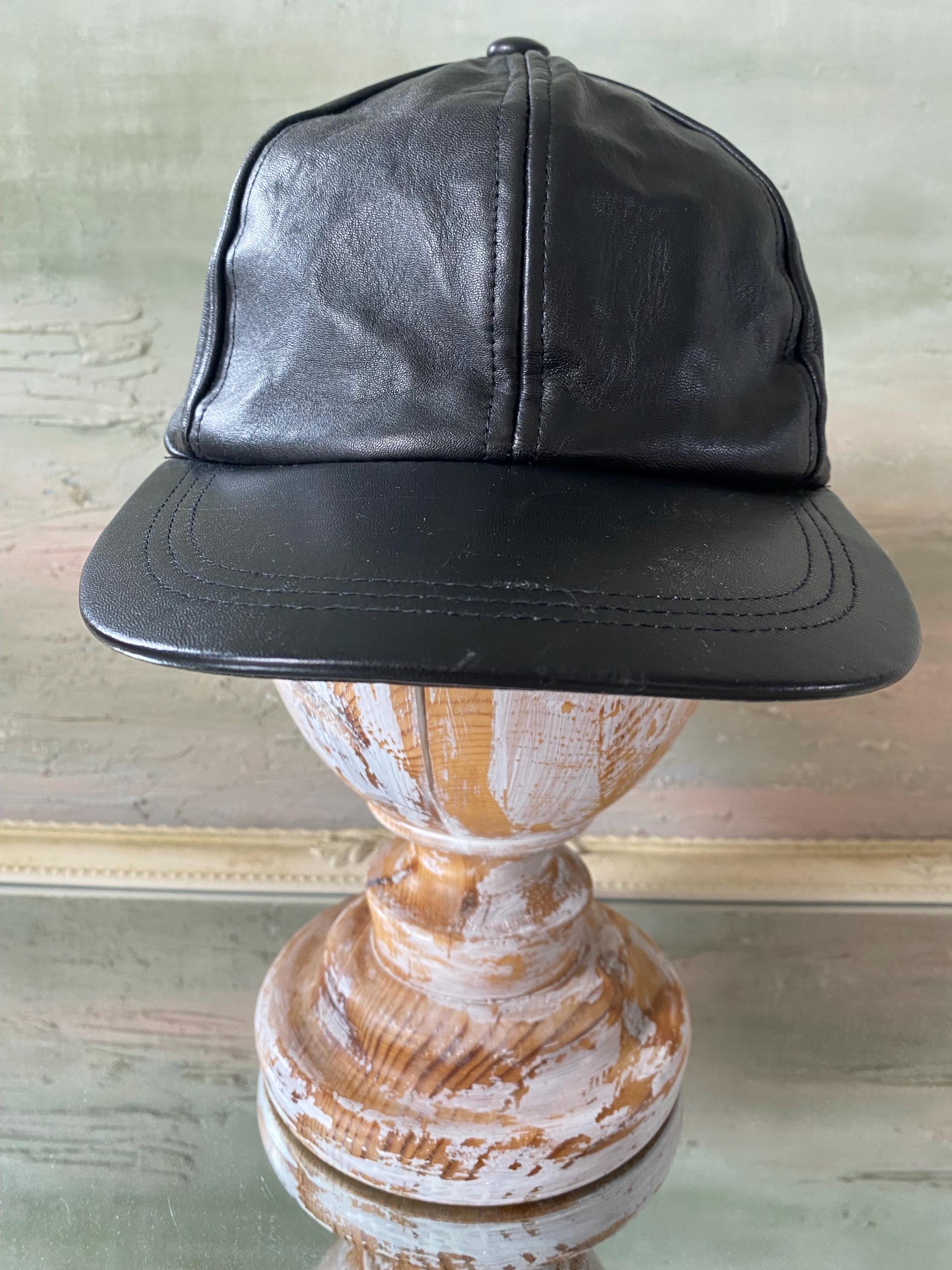 Vintage Black Genuine Leather Ball Cap 90s Leather Baseball