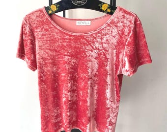 Vintage 90s Pink Velour Crop Top: Boho Chic Summer Style