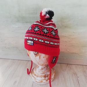 Vintage Nordic Knit Beanie: Red Fair Isle Winter Hat with Ear Flaps