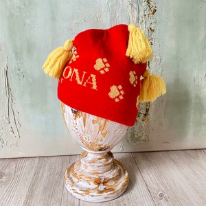 Vintage Winter Ski Hat Red Yellow Knit Ski Beanie Warm Winter Knitted Retro Pompom Winter Hat 80s Vintage Clothing