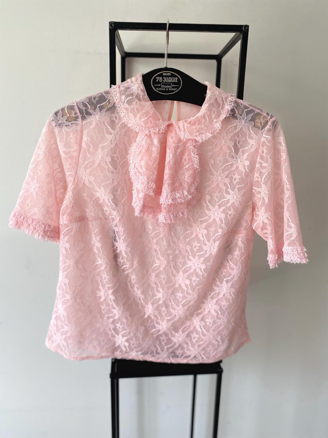 Vintage 60s 70s Jabot Blouse Pale Pink Lace Blouse Top for
