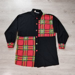 Vintage 80s Camisa Negro Cuadros Estampado Colorblock Botón Abajo Camisa Tamaño Grande Oversize Viscosa camisa Vintage Ropa Mujer