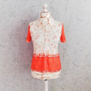 Vintage 70s Blouse Shirt Women Floral Orange Colorblock Short Sleeve Blouse Top Size Small Vintage Clothing Women