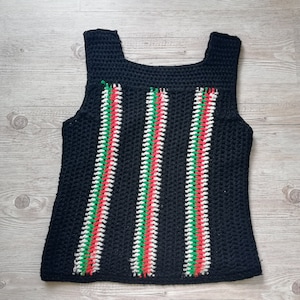 Vintage Black Striped Crochet Knit Tank Top: Handmade Boho Chic (Size Medium)