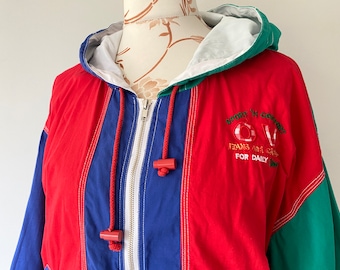 Vintage Color Block Cotton Windbreaker: Hooded Sport Jacket Oversize S/M