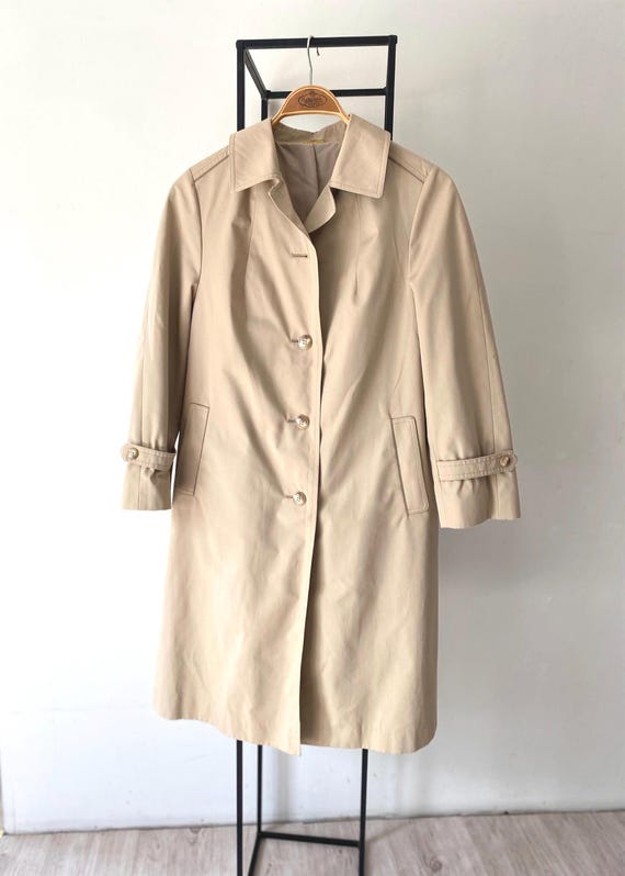 Vintage Taupe Trench Coat: Women's Long Button-up Duster, Size