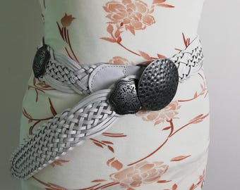 Silver and White Boho waist or Hip Leather belt made in Europe Woven White Leather Boho Belt: Silver Buckle, Moroccan  main image 4