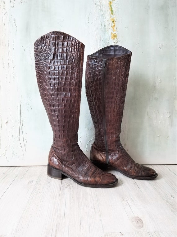 Vintage Brown Genuine Leather Flat High Boots Women High 
