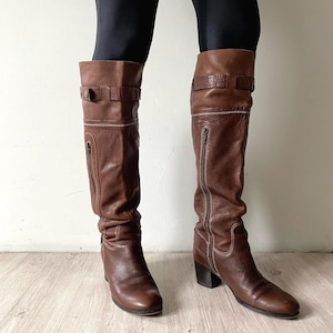 Vintage bruin leren western hoge laarzen gestapelde hakken Ranch laarzen lange rijlaarzen slungelige kniehoge laarzen EU 40 / UK 7/US 9