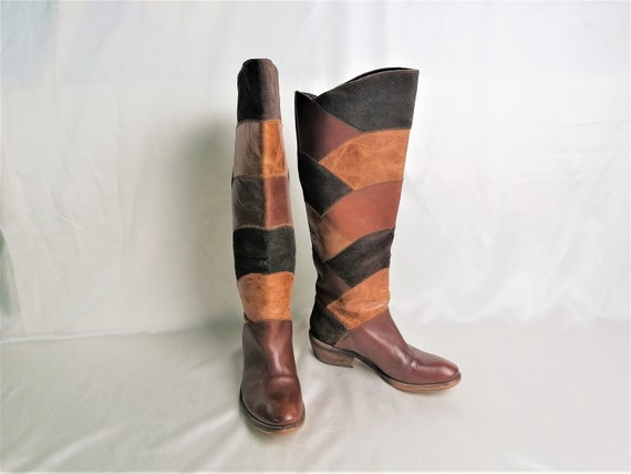 Vintage Brown Patchwork Knee High Boots Rider Boo… - image 1