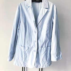 Vintage Light Blue Linen Cotton Blazer Canva Jacket Women Size XL