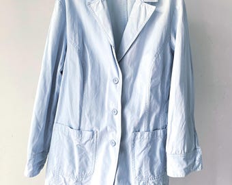Vintage Light Blue Linen Cotton Blazer Canva Jacket Women Size XL