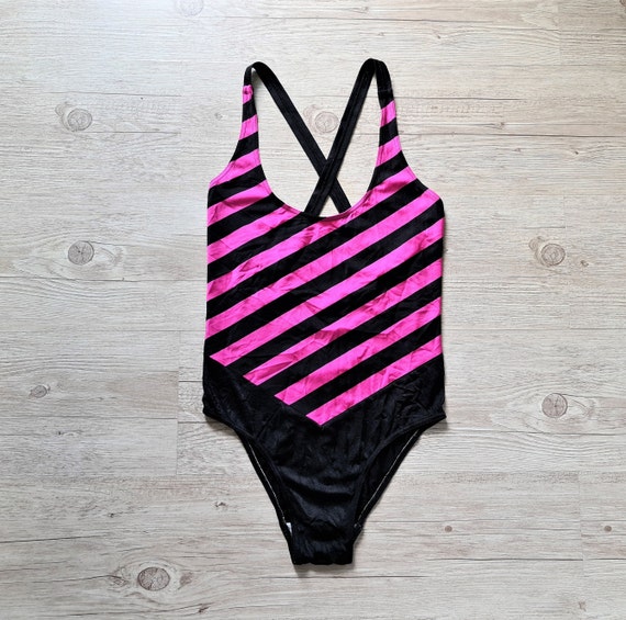 Vintage 90s Pink Black Striped One Piece Swimsuit Bathing Suit