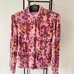 Y2K Blouse Top See Through Abstract Floral Long Sleeve Velour Shirt Women 90s Clear Shirt Fit Size Small Vintage clothing
