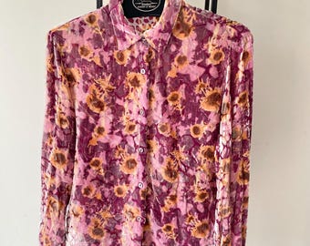 Blusa in velluto trasparente Y2K: top a maniche lunghe con motivo floreale astratto